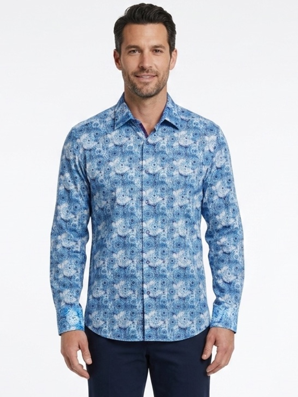Robert Graham Ripon Blue and White Swirl-Print Button-Down Shirt Large NWT